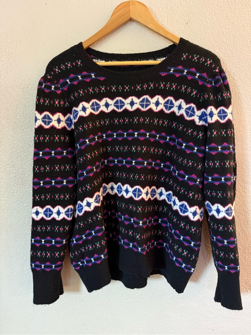 LOFT Black Crewneck Sweater with Purple, Blue, White & Pink Pattern
